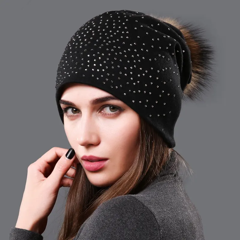 Women's Pompom Beanie Hats Autumn Winter Rhinestones Cotton Slouchy Beanies for Women Ladies Hat With Genuine Raccoon Fur Pompon 2