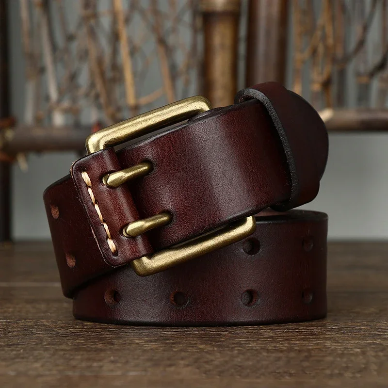 소가죽 황동 구리 더블 니들 핀 버클, 럭셔리 두꺼운 레트로 고품질 벨트, 남성용 청바지 디자이너 벨트, 3.8cm