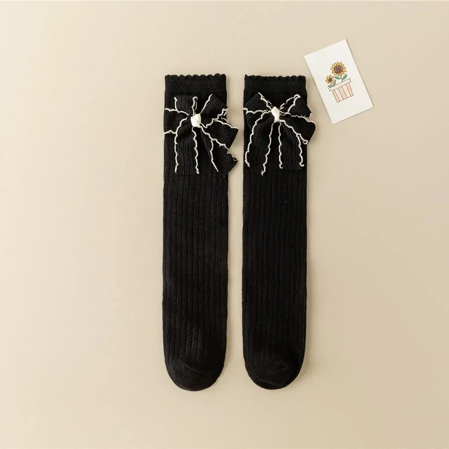 Girl Lolita Kawaii Stocking Black White Color Knee High Long Sock for Kids Retro Bowknot Calf Sock for Children Cotton Sock