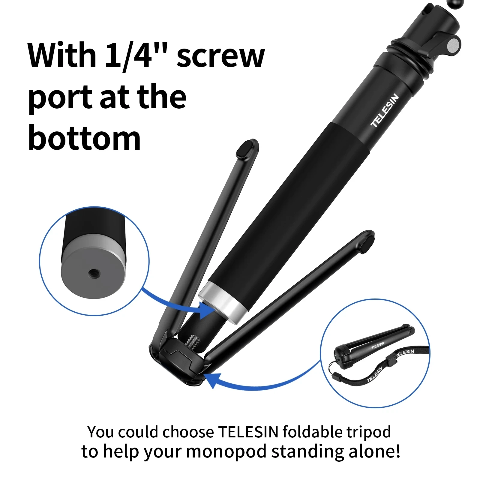 TELESIN Selfie Stick Foldable Tripod Phone Holder Aluminum Alloy