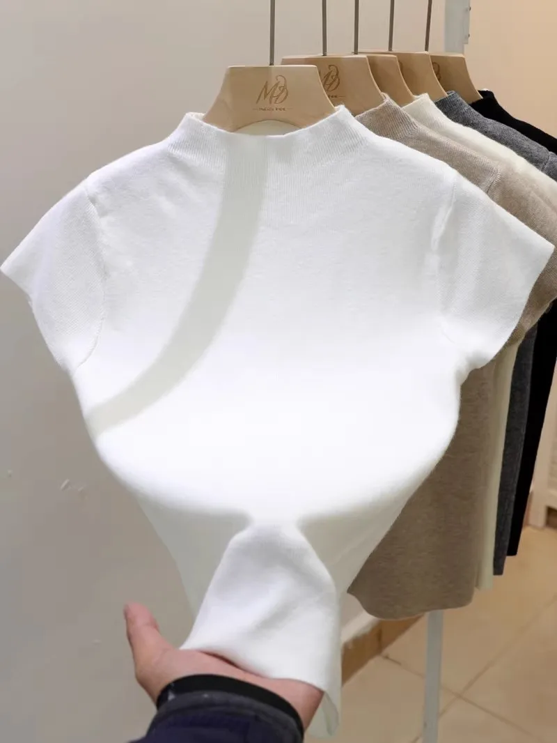 Half Turtleneck Short Sleeve Sweater Women, Solid Elegant Knitted Pullover, White Slim Tops