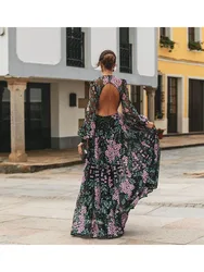 Sexy Backless Bohemian Print Dress Maxi Dress Women's Travel Holiday Backless Floor-length Dress Daisy-print Beach Party Dress