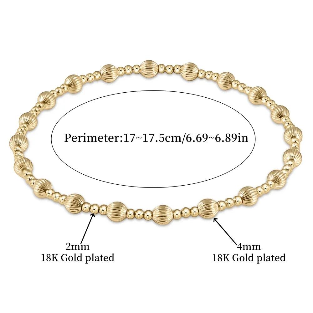 Vlen 18 K Gold Plated Corrugated Fluted Beaded Bracelet for Women Vintage Textured Elastic Stretch Fit Easy Wear Hypoallergenic