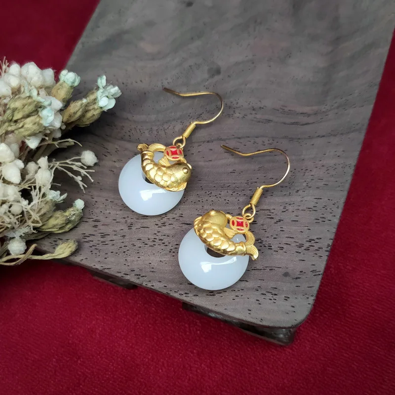 

Jade Peace Buckle Earrings Buckle Guochao Earrings Ancient Gold Earrings