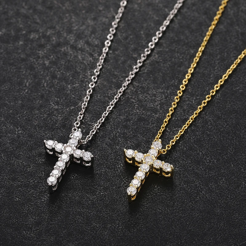 Religion Moissanite Cross Pendants Necklace For Women Jewelry Catholic Cross Pendant 925 Sterling Silver 18K White Gold