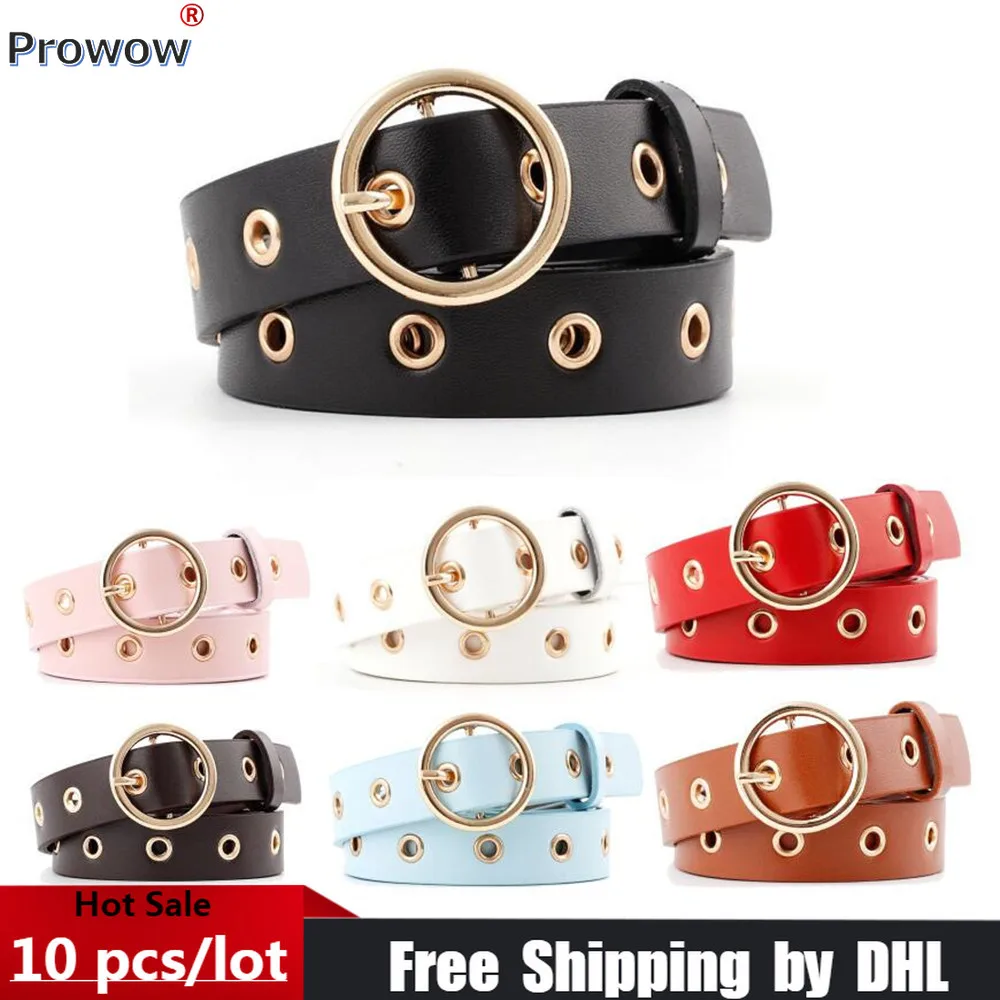 

Wholesale Women PU Leather Belt Cute Round Shape Buckle Adjustable Lady Waistband Hollow Out Brand Design Thin Girdle Bulk 8134