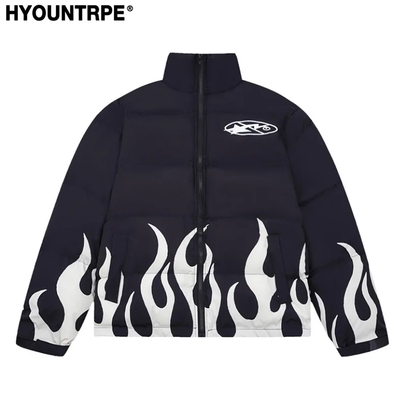 

Hip Hop Fire Printed Jacket Parka Streetwear Mens Windbreaker Harajuku New Cotton Padded Zipper Jacket Coat Outerwear Hipster