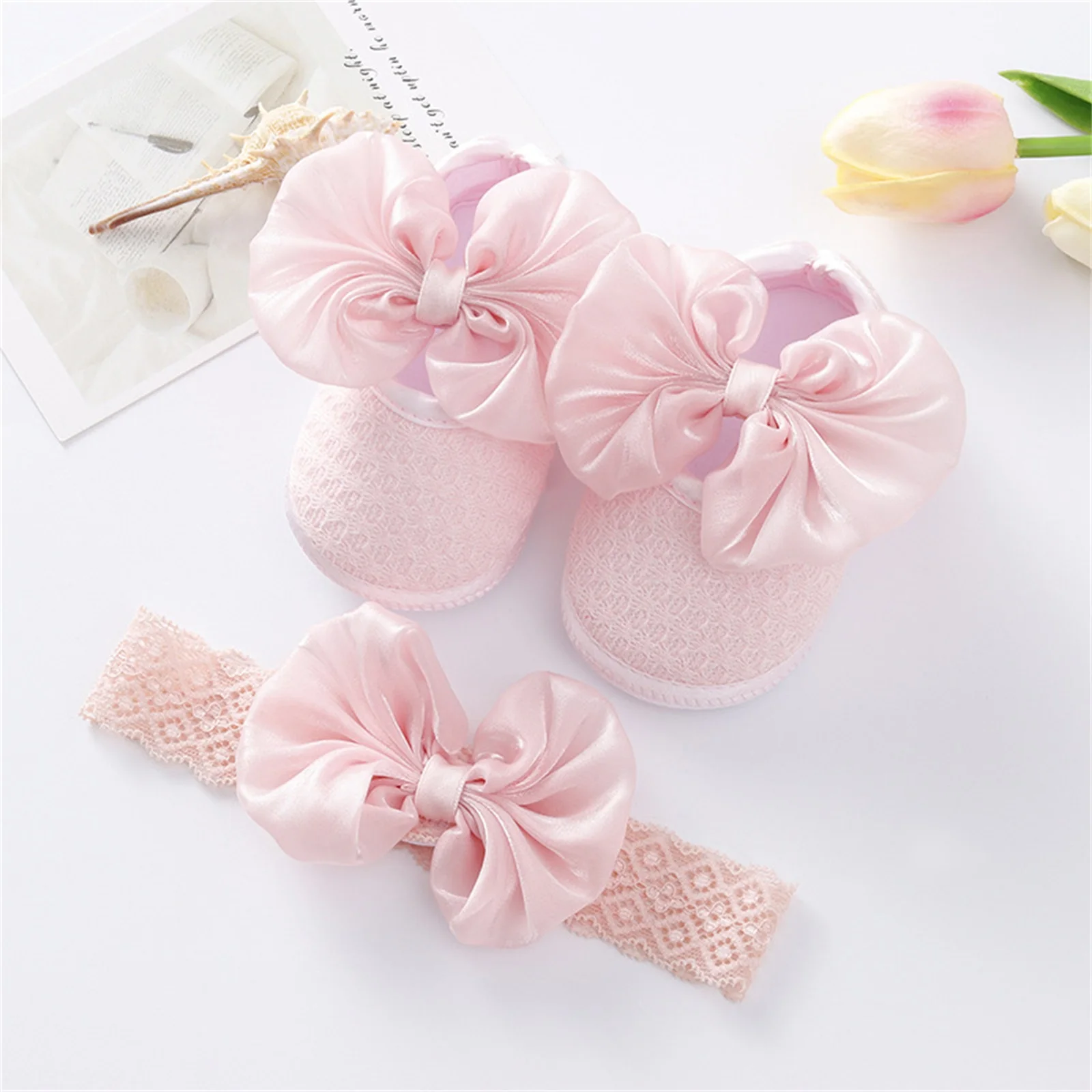 Pudcoco Infant Girl Flat Shoes for Spring Autumn, Bowknot Soft Sole Anti Slip Crib Shoes + Lace Headband 2
