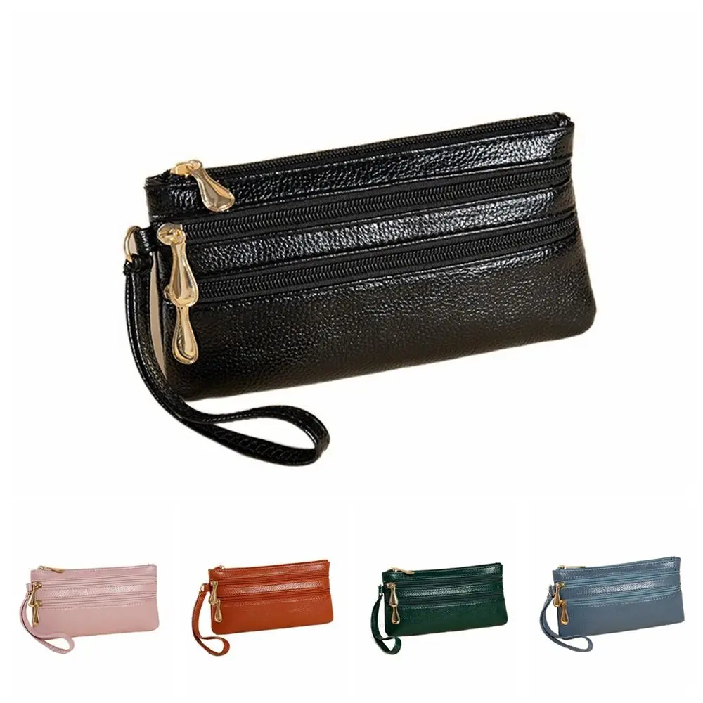 Solid Color Two Zipper Coin Purse Multi-pocket Korean Style Lychee Pattern Long Wallet Card Holder Large Capacity Shopping 6
