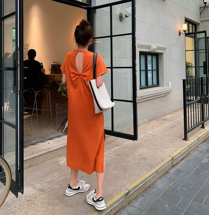 Casual Backless T Shirt Dress Summer New Round Neck Short Sleeve Solid Color Loose Midi Dress Fashion Trend Women Clothing