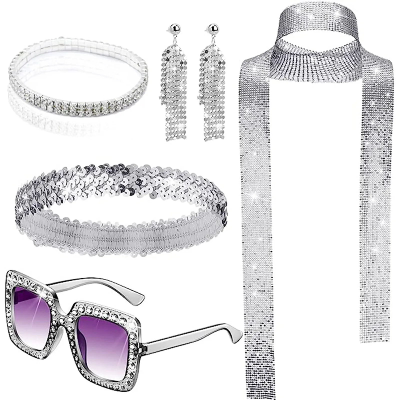 5 Pieces 1970s Disco Costume Set Disco Accessories Bling Sunglasses Long Scarf and Earrings 70s Jewellery Sets Cosplay Outfits 3