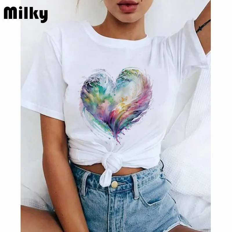 

Футболка женская с акварельным принтом Love, Модный повседневный топ с круглым вырезом и коротким рукавом, уличная одежда, винтажный Топ