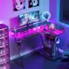 L Shaped Gaming Desk with LED Lights & Power Outlets, Computer Desk with Monitor Stand, Gaming Table , with Hooks, Black 1
