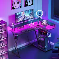 L Shaped Gaming Desk with LED Lights & Power Outlets, Computer Desk with Monitor Stand, Gaming Table , with Hooks, Black 1