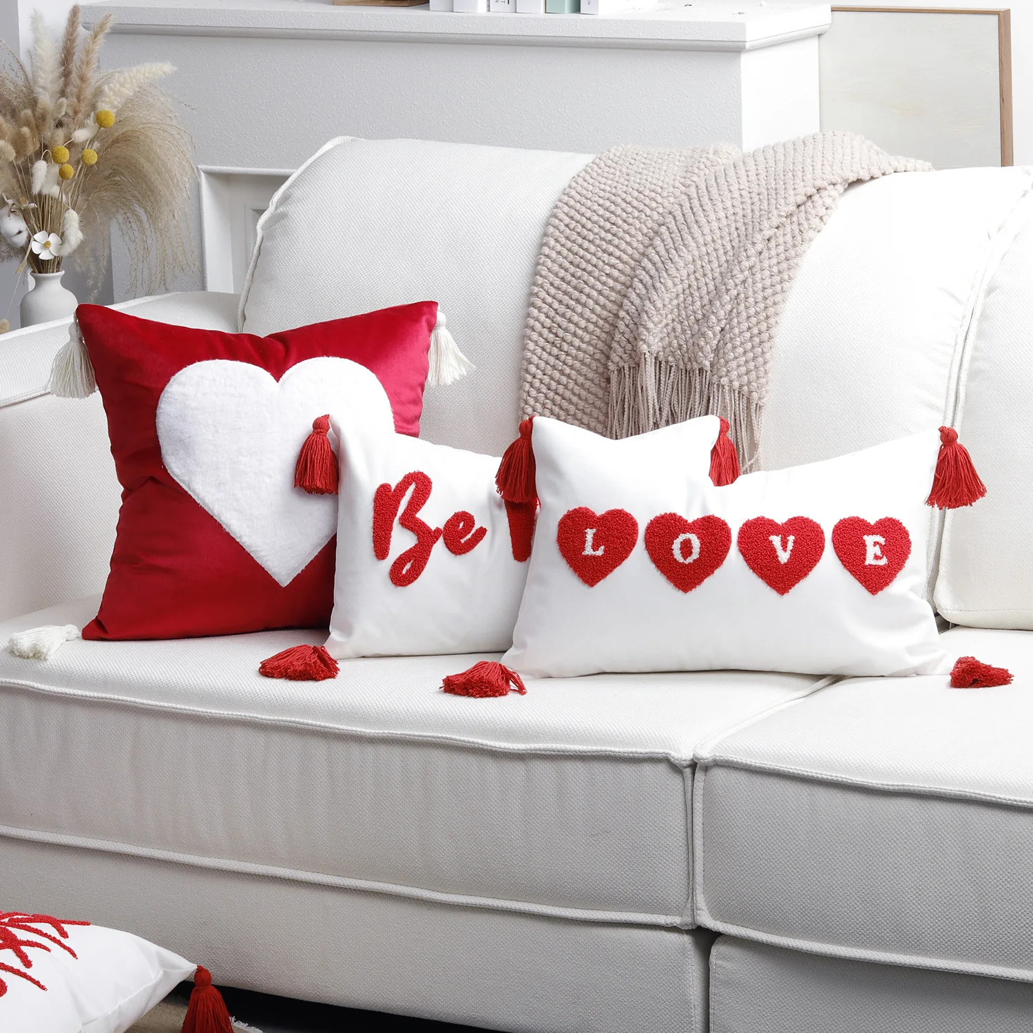 Roter und weißer Paar-Handtuch-gestickter Kissenbezug, samtgestickter Valentinstag-Sofa-Kissenbezug, Cojines 30 x 50/45 x 45 cm – Detail 4