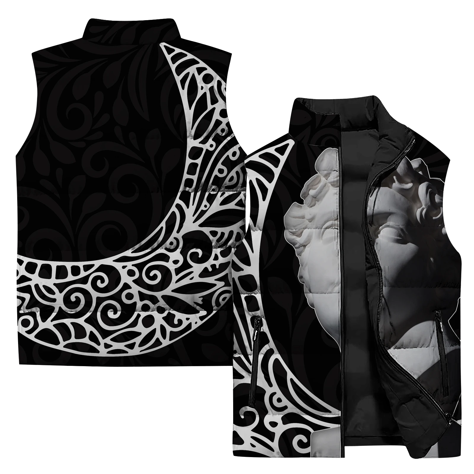 thumbnail image 1 of Chalecos de invierno para hombre, chaleco con cremallera y cuello alto, chaquetas para hombre, chaleco con estampado de estatuas, ropa para hombre 2024, abrigos sin mangas resistentes al viento y al f, 1 of 5