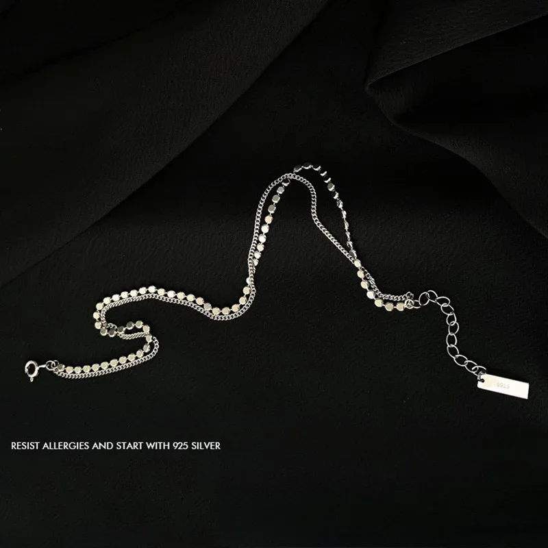 925 Sterling Silver Shiny Double Layer Anklet for Women Girls Geometric Anklet Mermaid Tail Heart-shaped Bracelet Party Jewelry