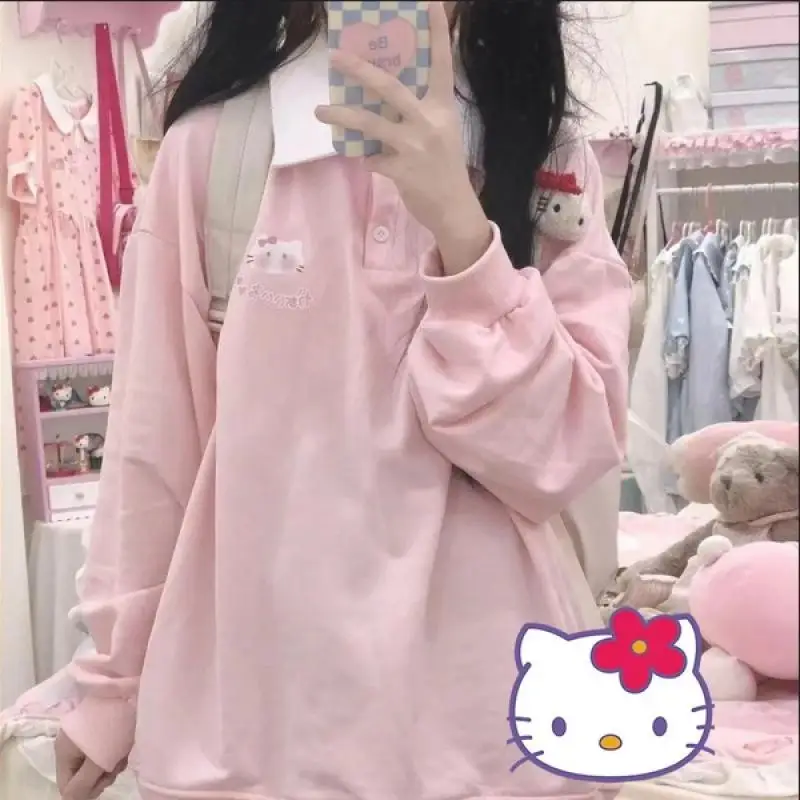 

Hellokitty Polo Shirt Kawaii Sanrio Soft Girl Kuromi Cinnamoroll Polo Collar All-Match Loose Long-Sleeved Hoodie Lady Autumn