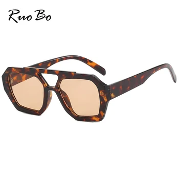 RUOBO Retro Square Frame Double Bridges Sunglasses Leopard Fashion Brand Designer Female Sun Glasses Luxury Eyewear Gafa De Sol
