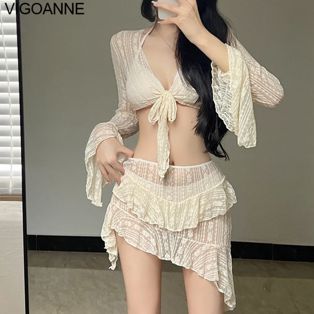 

Пикантный белый комплект бикини VigoAnne из 4 предметов в сеточку, женский летний купальный костюм с лямкой на шее и эффектом пуш-ап, 2024
