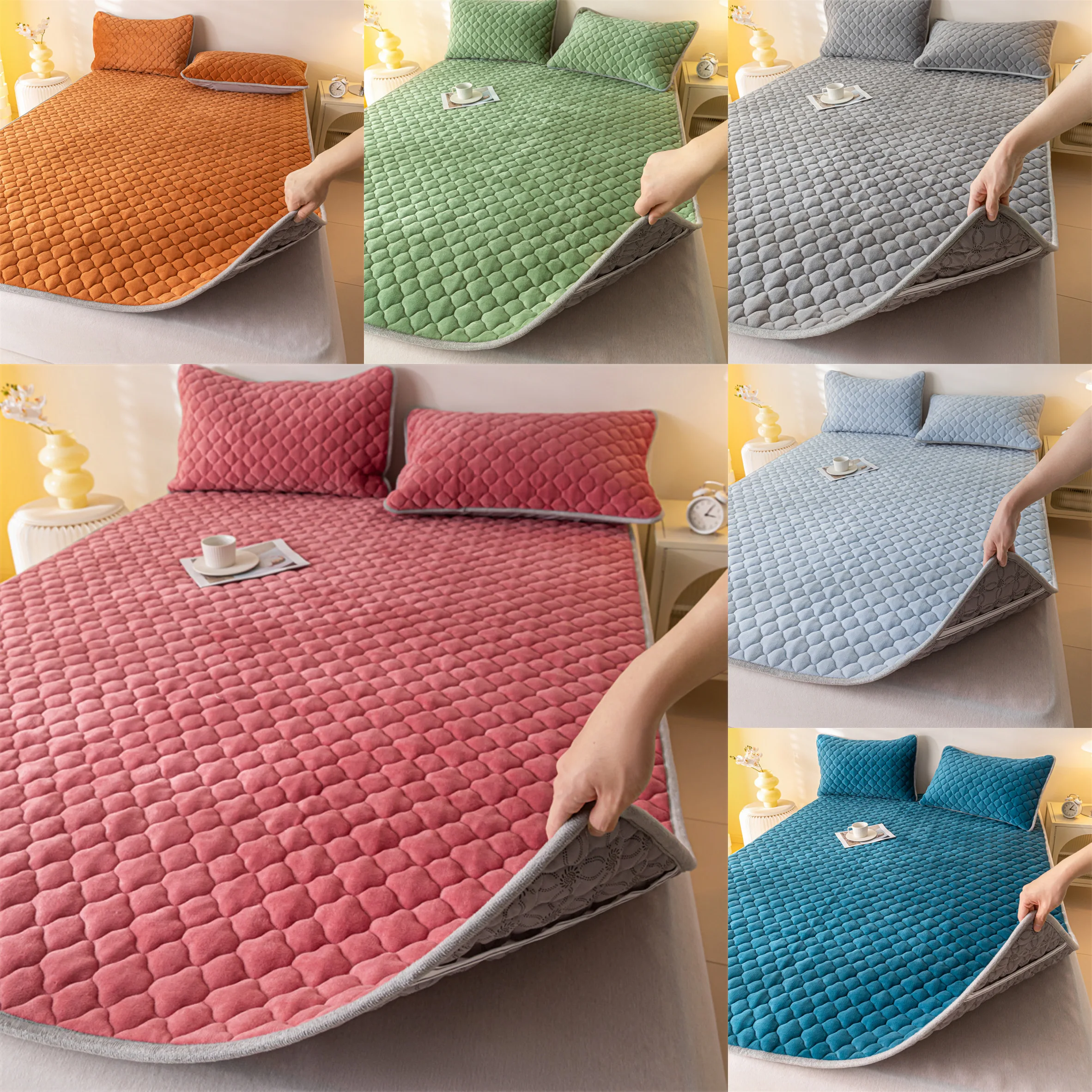 3 pieces milk fleece-padded mattress cover pillowcase soft comfortable warm bedding machine washable bedroom
