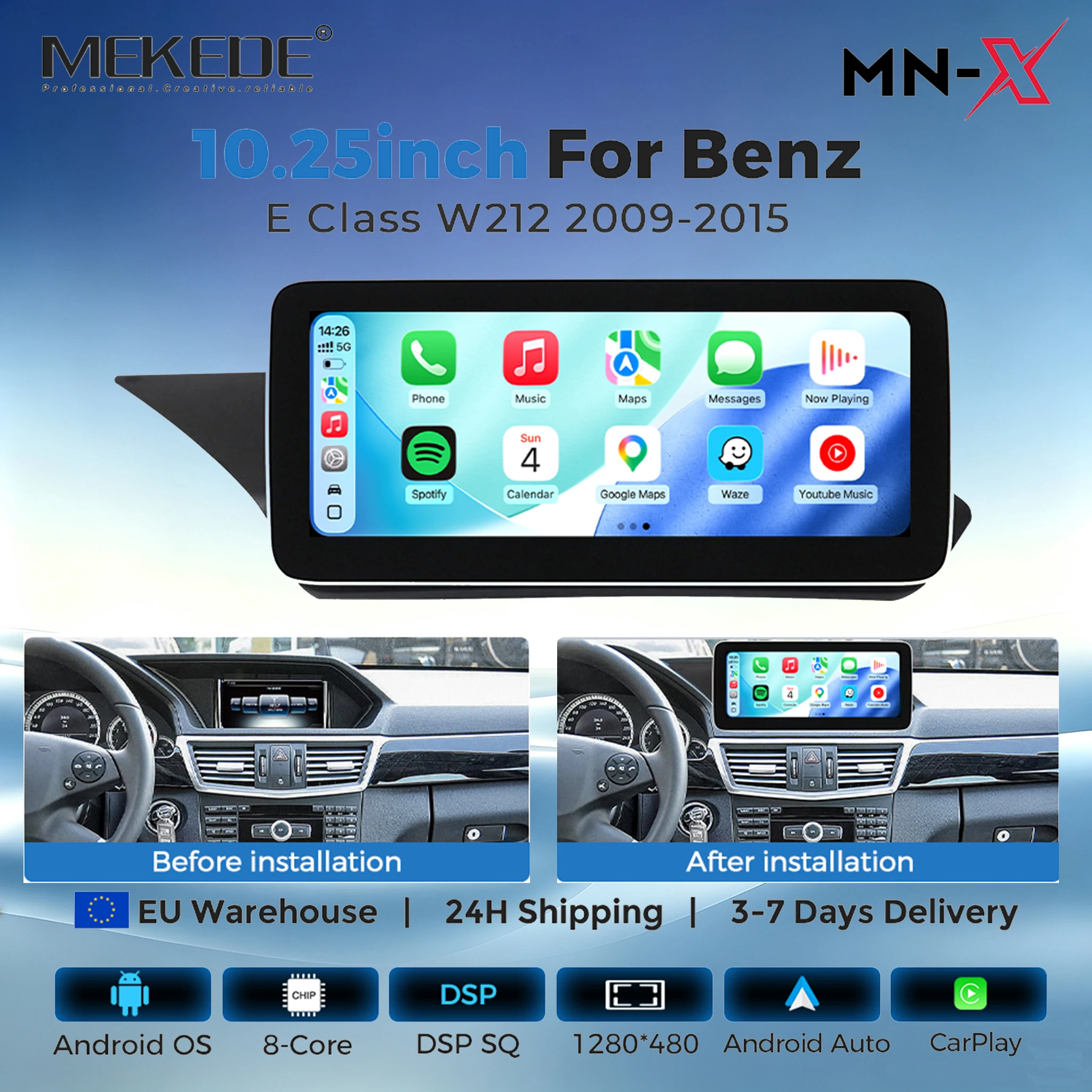 MEKEDE Radio para Auto con Carplay y Android Auto Inalámbrico 4G, Pantalla de 10.25 Pulgadas, 6G+128G, para Mercedes-Benz Clase E W212 E200 E230 E260 S212 NTG4.0 NTG4.5 NTG5.0, Sistema Multimedia Inteligente, GPS, Navegador, Wifi, BT, DSP, RDS, Unidad de Audio y Video Estéreo, 8 Núcleos, Todo en Uno, 1280*480 HD 1