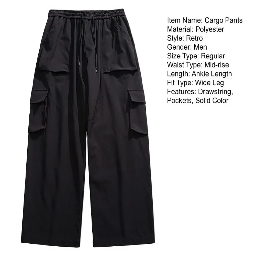 Description Picture 3 of itemMen Overalls Men's Elastic Drawstring Cargo Pants with Pockets Solid Color Straight Wide Leg Trousers for Streetwear Style Cargo