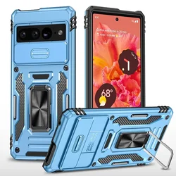 Rugged Military-Grade Shockproof Phone Case with Slide Lens Protection and Kickstand for Google Pixel 7 (Sky Blue)