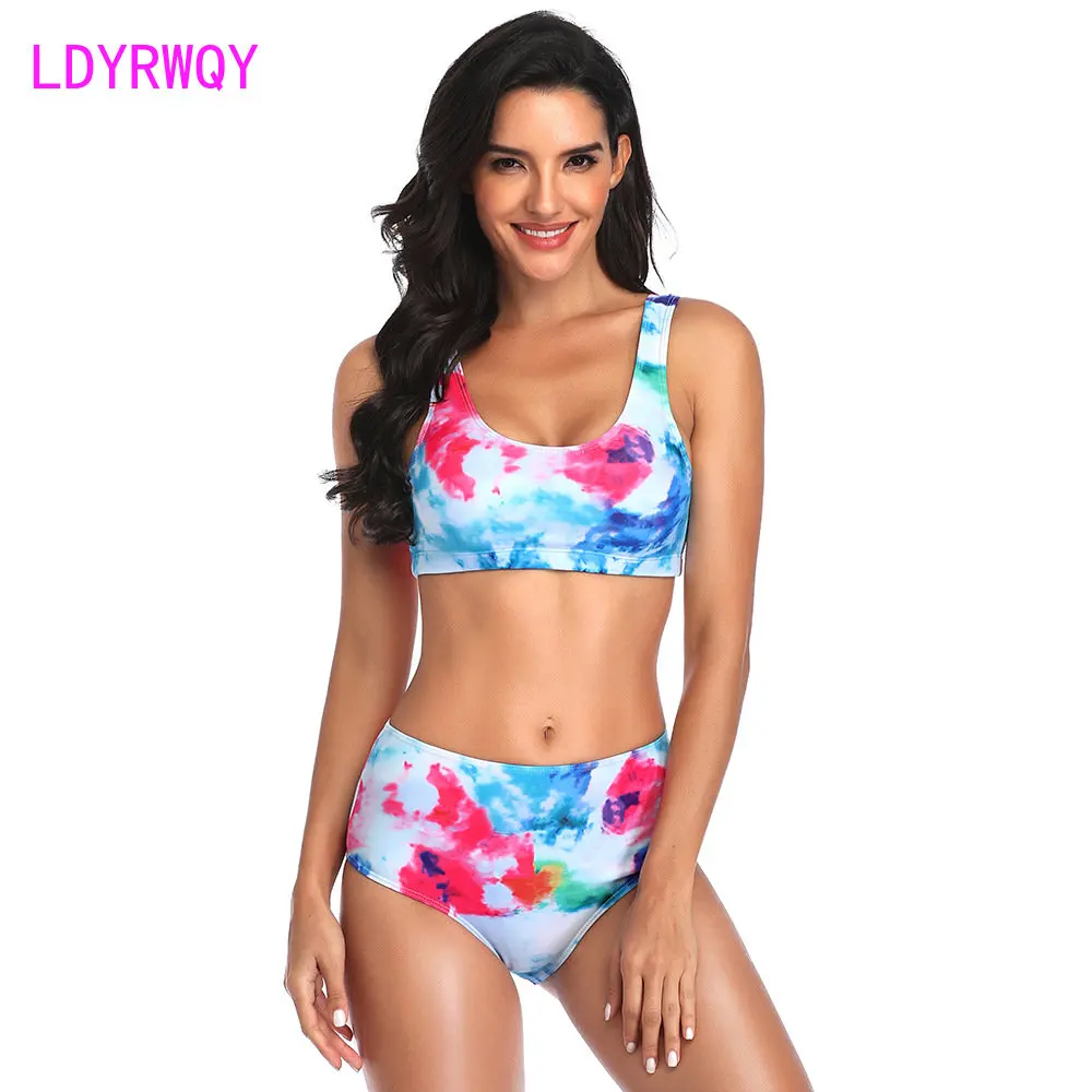

European and American swimsuit tie-dye printing high waist sexy bikini split ladies swimsuit