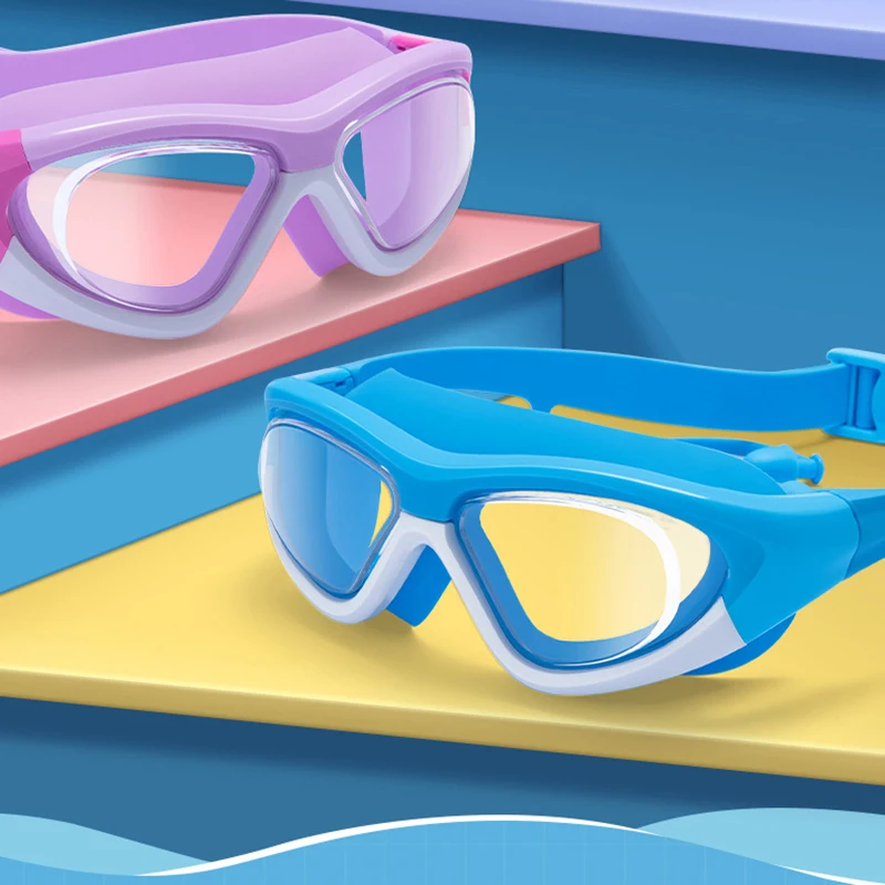 Swimming Goggles Children Swim Goggles Earplug 2 in 1 Set Anti-Fog HD Lens Silicone Protection for 4-15 Years Children