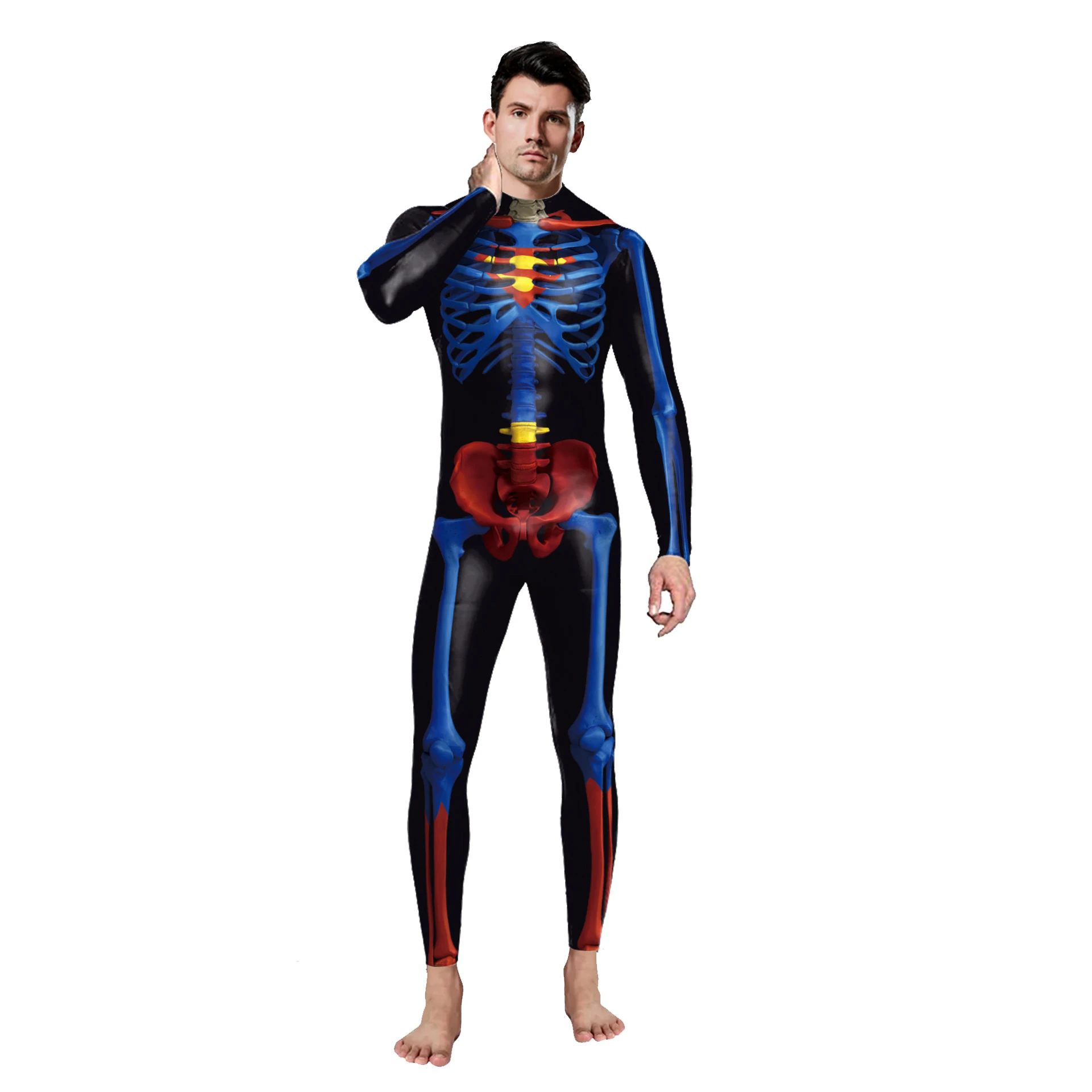 Zawaland Women Men Fashion Bodysuit Long Sleeve Skull Print Party Jumpsuit Holiday Party Funny Cosplay Costumes Performance