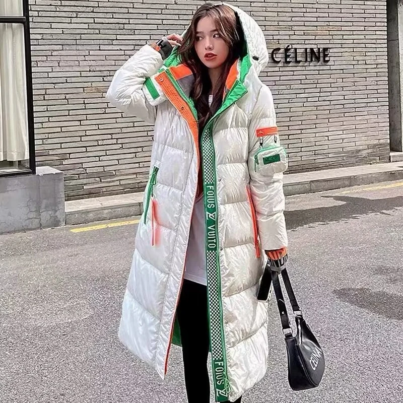

Модная длинная пуховая куртка для женщин, облегающее зимнее пальто на молнии с капюшоном, новинка 2023, плотная теплая верхняя одежда, женские блестящие парки для женщин