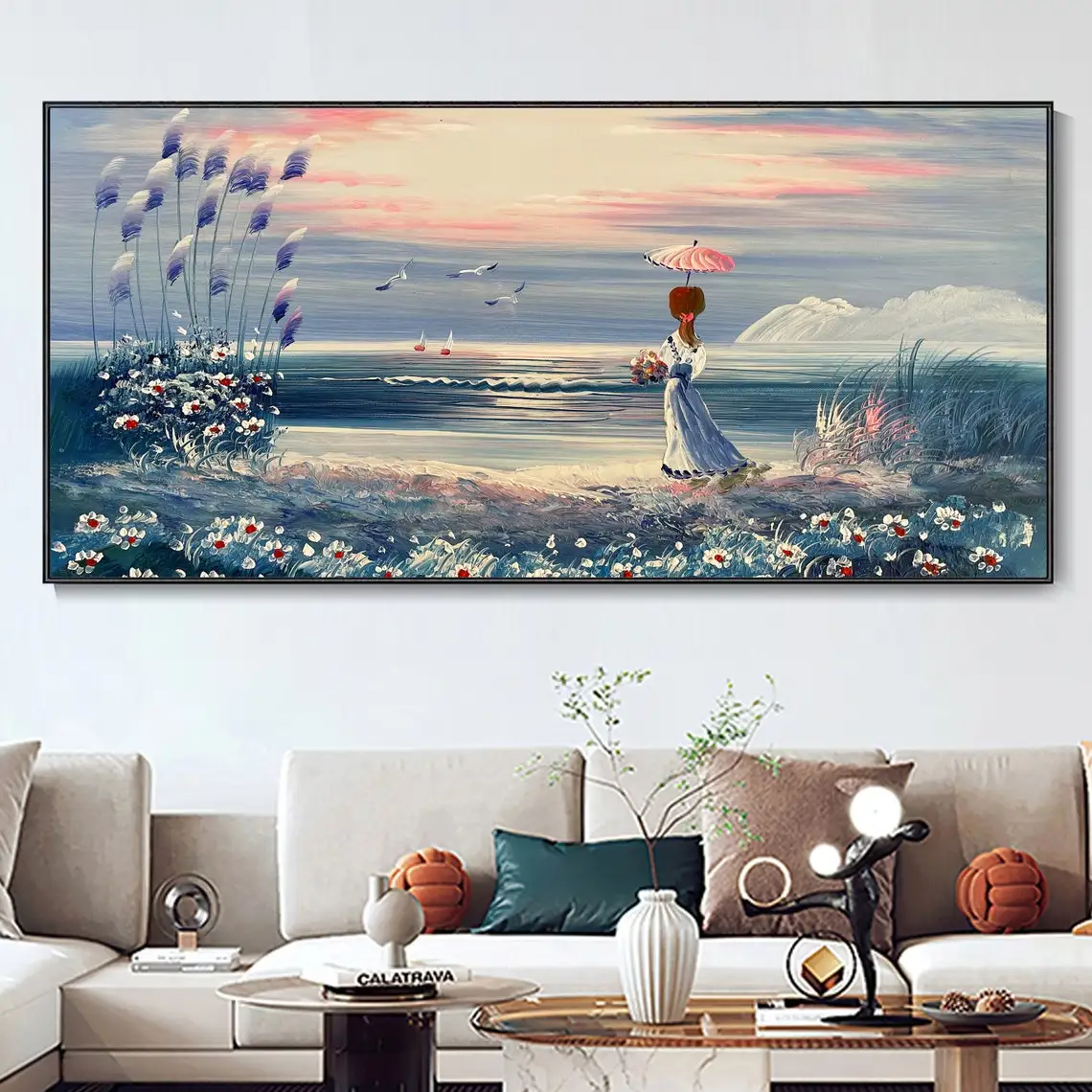 Large Colorful Cloud Canvas Hand Painted Oil Painting Pretty Maiden Seagull  Yellow Sunrise Thick Texture Sea Landscape Wall Art