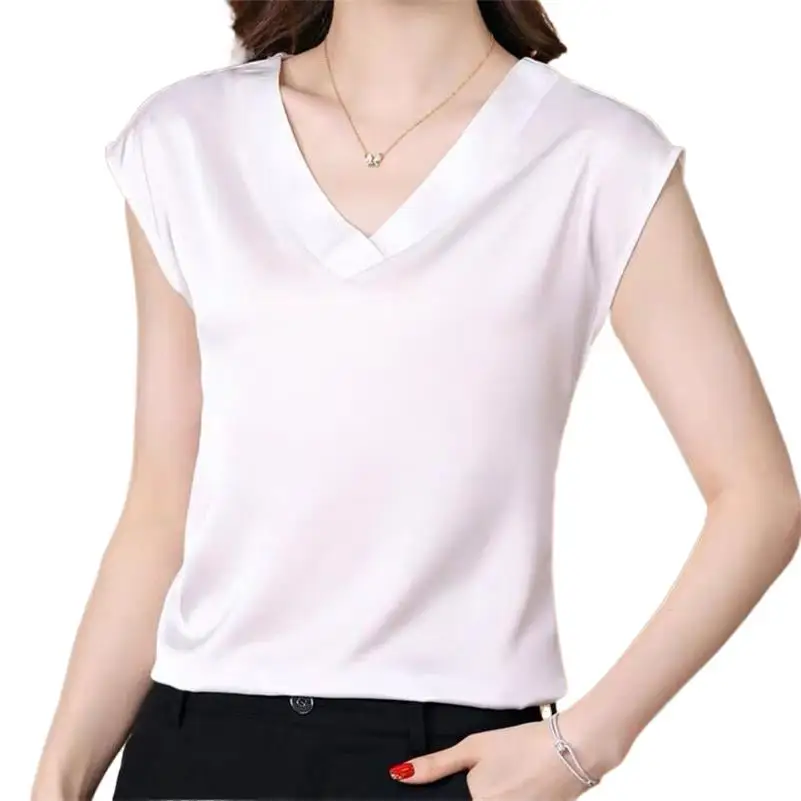 

Женские Новые летние топы высокого качества 2023 модная женская одежда однотонные атласные топы с V-образным вырезом Женская Повседневная футболка 10 цветов