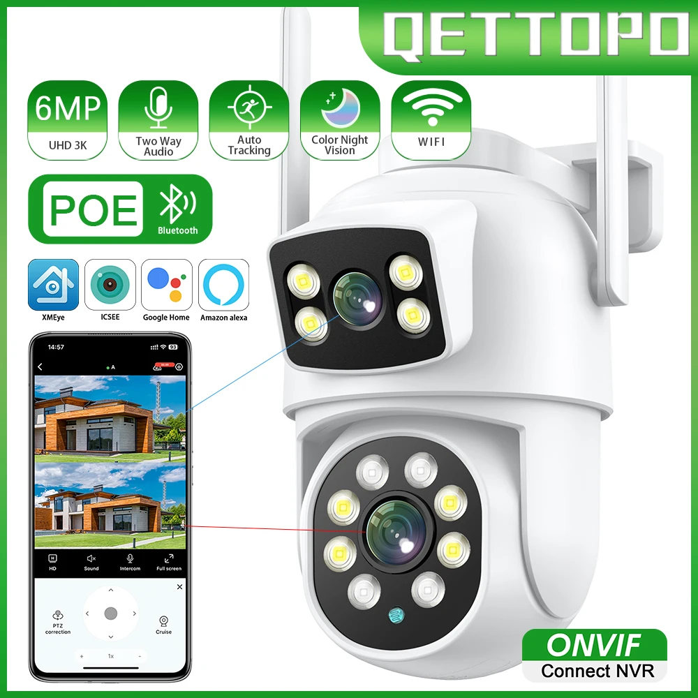 

Qettopo 6MP Dual Lens WIFI PTZ Camera Dual Screen AI Human Tracking Outdoor Secuity Surveillance POE IP Camera iCsee PRO Alexa