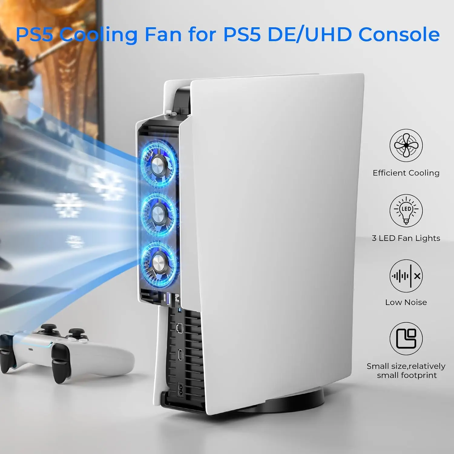 LED 조명 장착 PS5 냉각 선풍기, USB 3.0 포트, 조용한 효율적인 냉각 시스템, 플레이스테이션 5 콘솔 게임 액세서리
