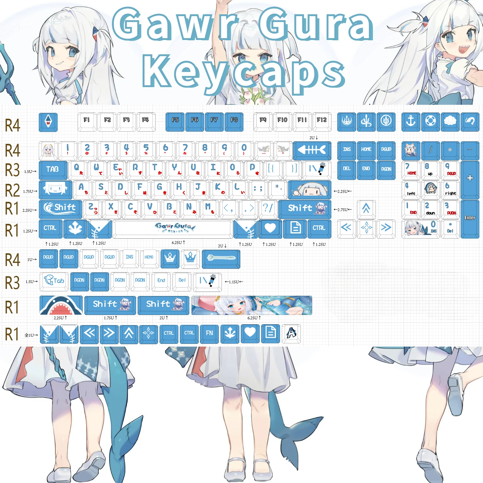 Cute Pbt Keycaps para Teclado Mecânico Hololive Gawr Gura Anime Cherry mx Switch Custom Game Gift 132 Teclas por Conjunto