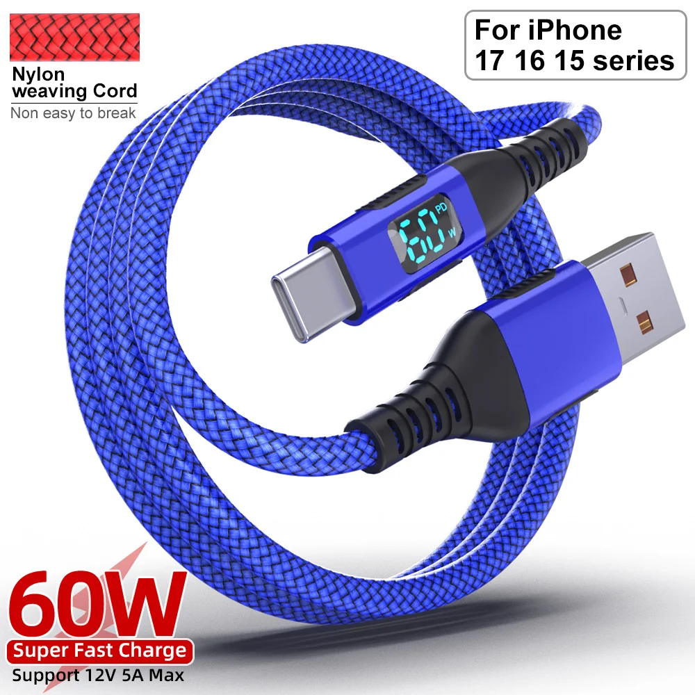 Premium Nylon Braided USB A to Type C Fast Charger Cable with LED Display - 3A Max Charging
