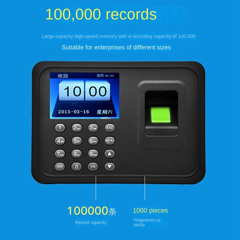 Black Attendance Machine Biometric Attendance System 1000 Fingerprint Capacity Support USB Driver Download UK Plug