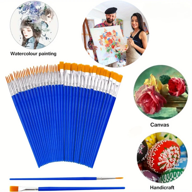 Acrylic Painting brushes Flat Round Hair Watercolor Brush for Art Pottery Clay Painting 50Pcs