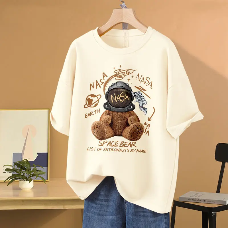 

Women Chic Cartoon Printed Loose T-shirt Summer O-neck 100 Cotton Short Sleeve Casual Top Basics Y2k Casual Pullovers