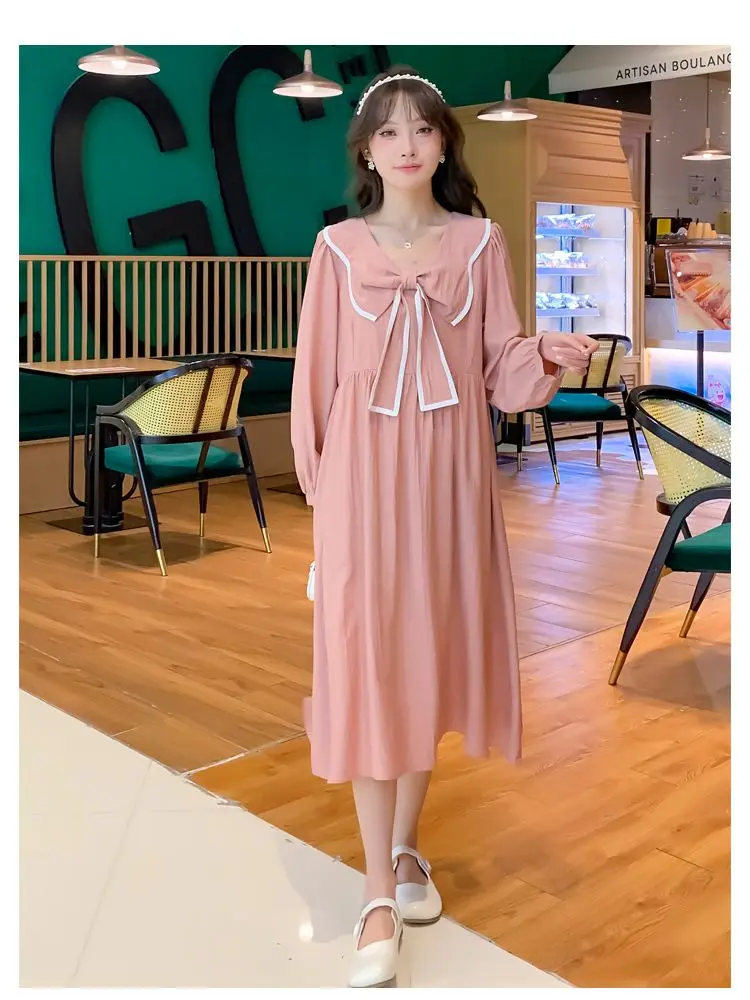 

2024 Autumn Long Sleeve Pregnant Women's Bow Dress Preppy Style Maternity Brief Clothes Long Loose Pregnancy Holiday Dresses
