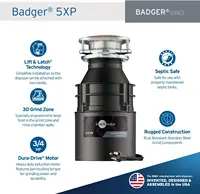 Badger 5XP Garbage Disposal with Power Cord, Standard Series 3/4 HP Continuous Feed Food Waste Disposer, Badger 5XP 2