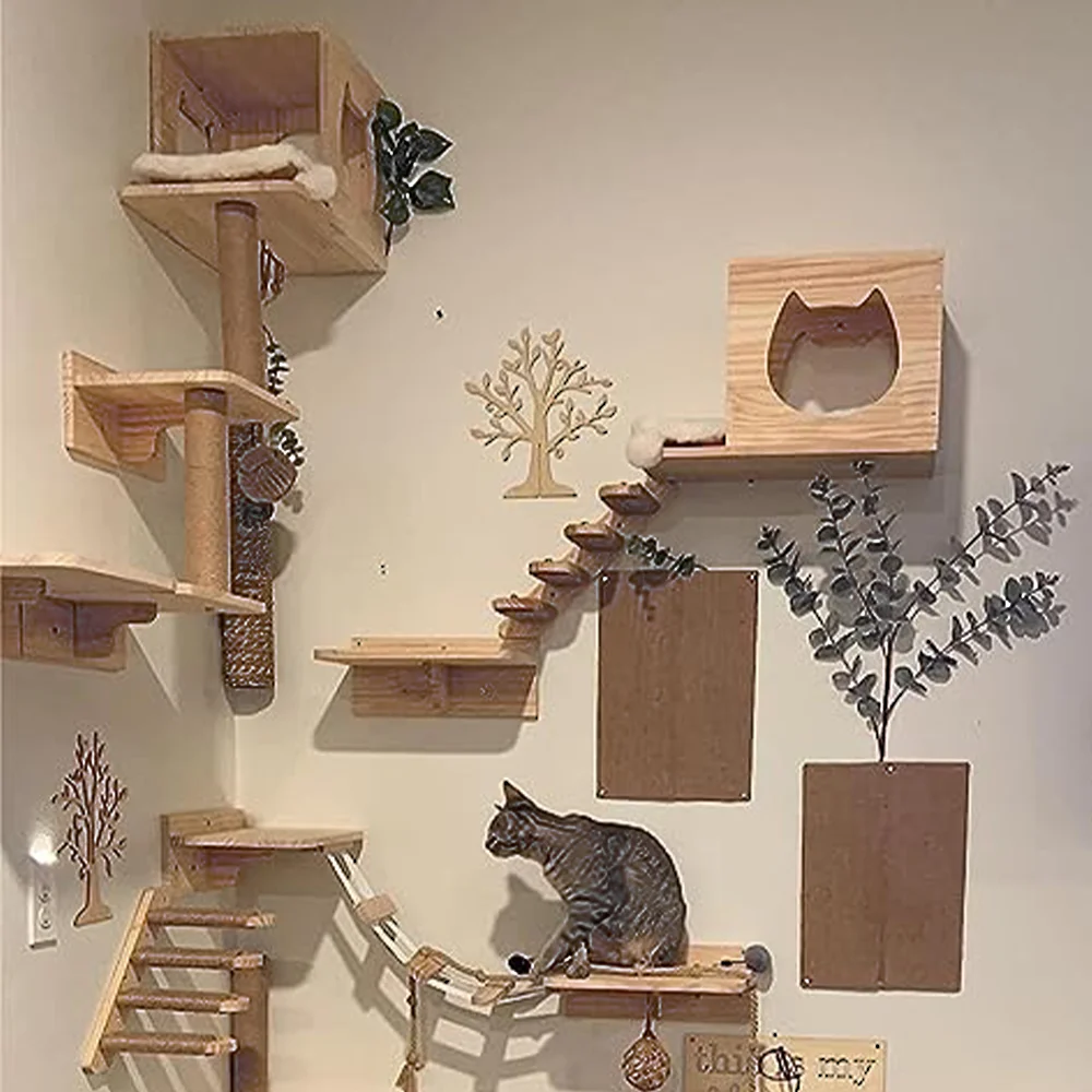 Hamaca para gatos, estante de escalada para gatos montada en la pared,  muebles de escalera para gatos de 4 escalones con rascador de sisal para