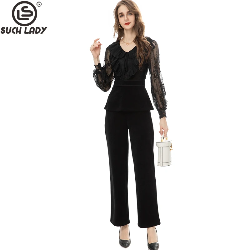 

Women's Runway Two Piece Pants Long Sleeves V Neck Ruffles Blouse with Long Pant Fashion Twinset Sets