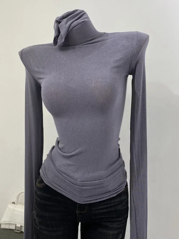 Thin Soft American Long Sleeve T-shirt High Stacked Neck Tight Perspective Bottom Shirt Women's Slim Fit Tops Sexy Streetwear 2
