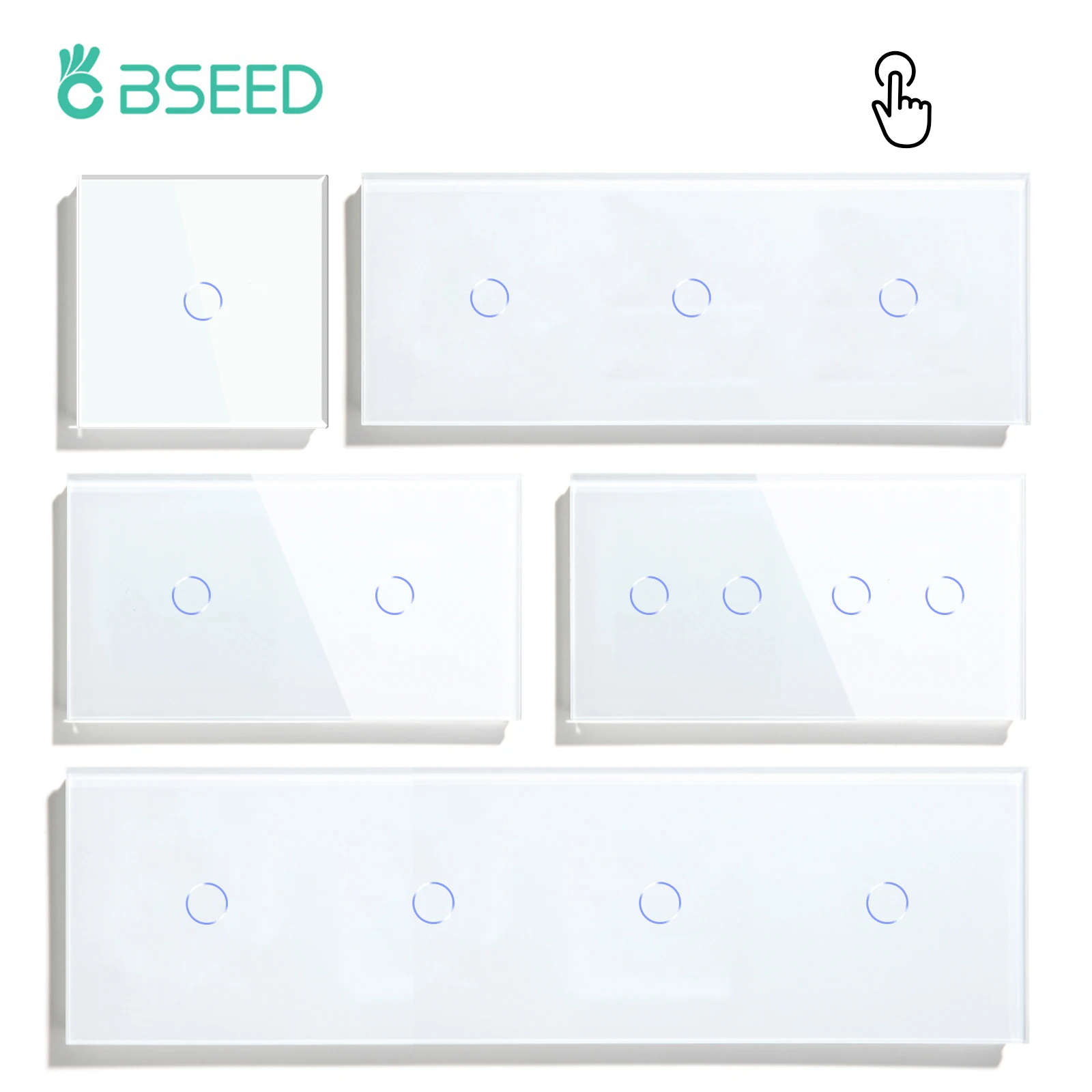 BSEED Touch Switches 1/2/3Gang 1Way Wall Light Switches Blue LED Backlight Glass Sensor Screen Home Switches White EU Standard