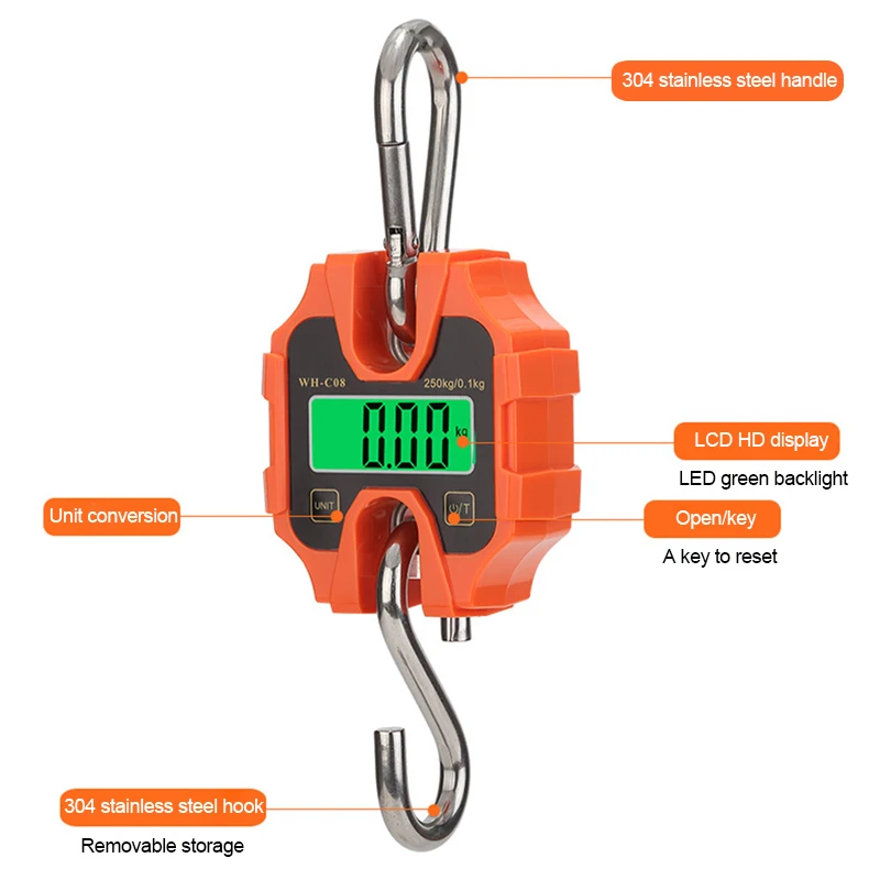 Portable Digital Hanging Scale 250KG Stainless Steel Electronic Scale High Precision Mini Industrial Hook Weighing Tools