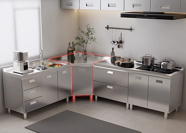 ตู้ครัวสแตนเลส 304 แบบติดตั้งในตัวพร้อมท็อปเคาน์เตอร์ ตู้เก็บของแบบหนา 2