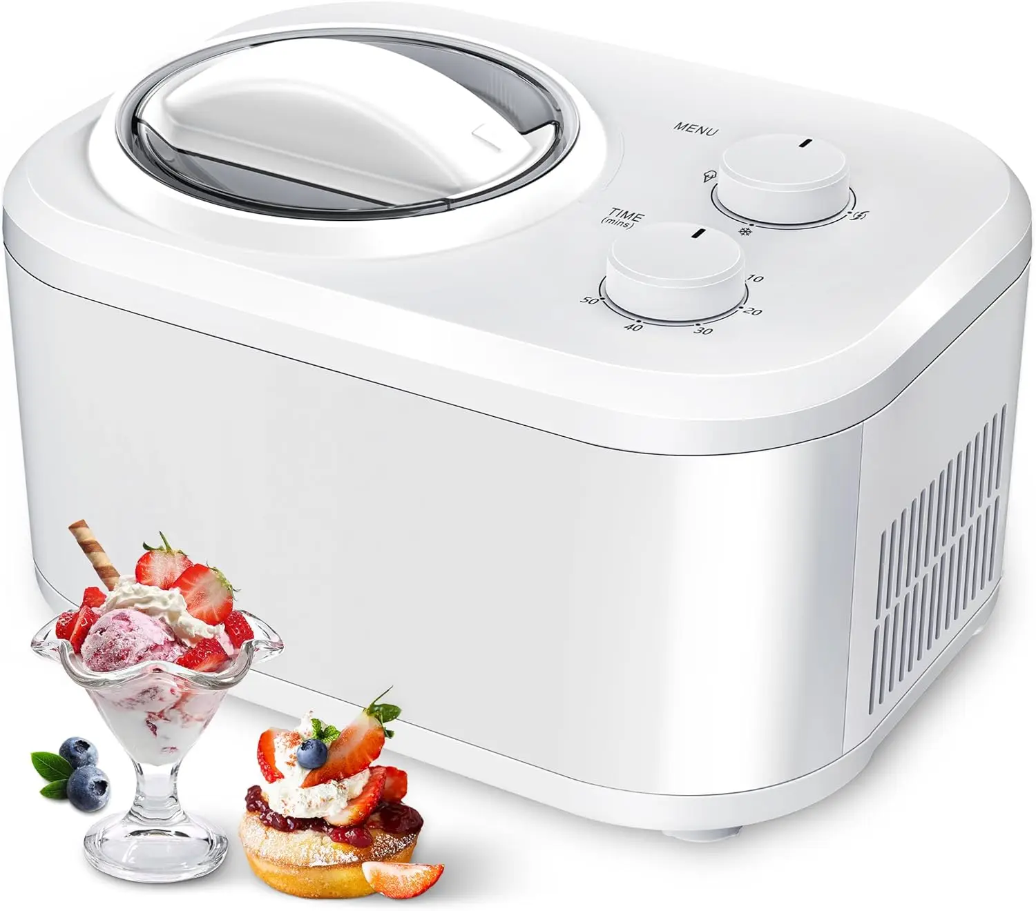 

1.1 Quart Ice Cream Maker Machine with Built-in Compressor, Fully Automatic, No Pre-freezing, 2 Buttons Control, 1 Hour